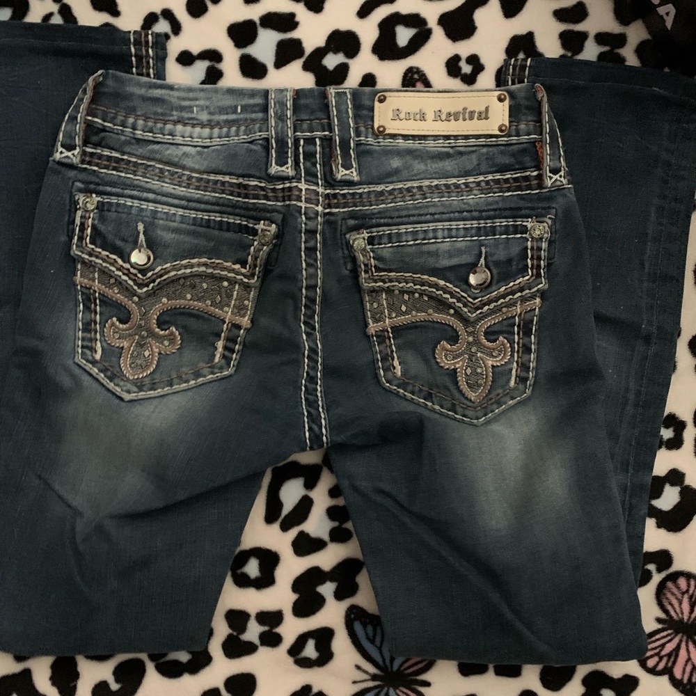 Rock Revival Blue Boot Cut Jeans with Decorative Stitching
